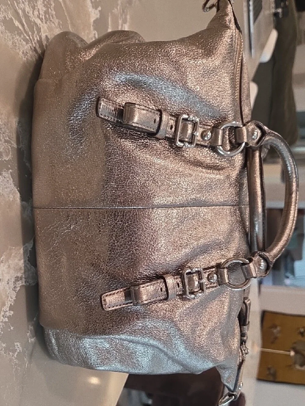 Coach Metallic Pewter Leather Shoulder Bag with Buckle Accents